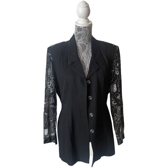 VINTAGE 80s Menu Blazer With Printed Figures Black - Picture 1 of 11